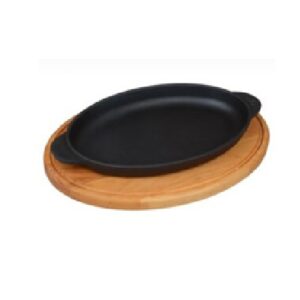 מחבת אובלית יציקת ברזל עם מגש עץ 22 סמ חדש